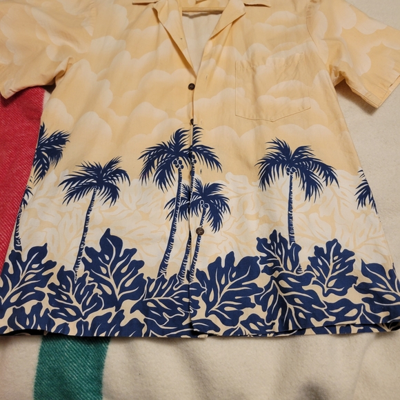 Vintage 90s Hawaiian Aloha Shirt Kolekole Peach Orange Navy Blue Palm Trees - Picture 11 of 16